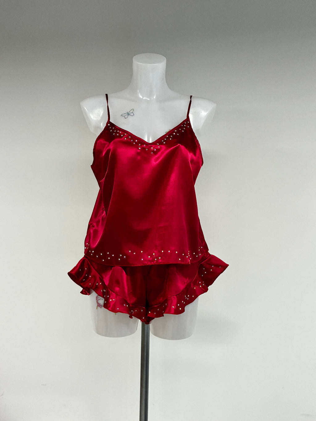 faux satin crystal ruffle shorts 2 piece set