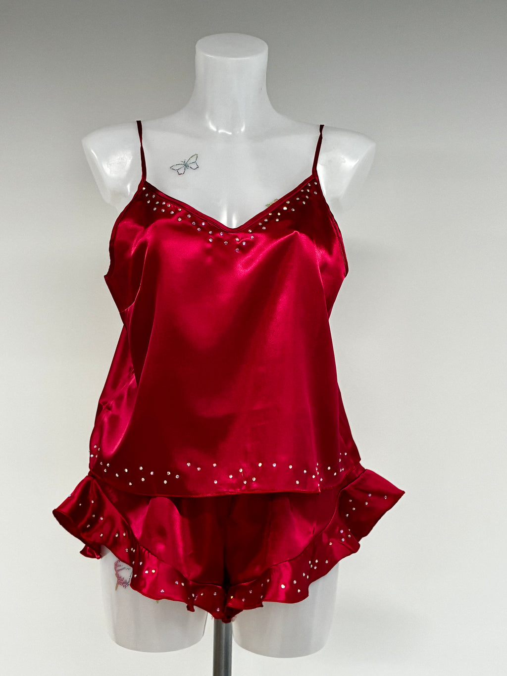faux satin crystal ruffle shorts 2 piece set