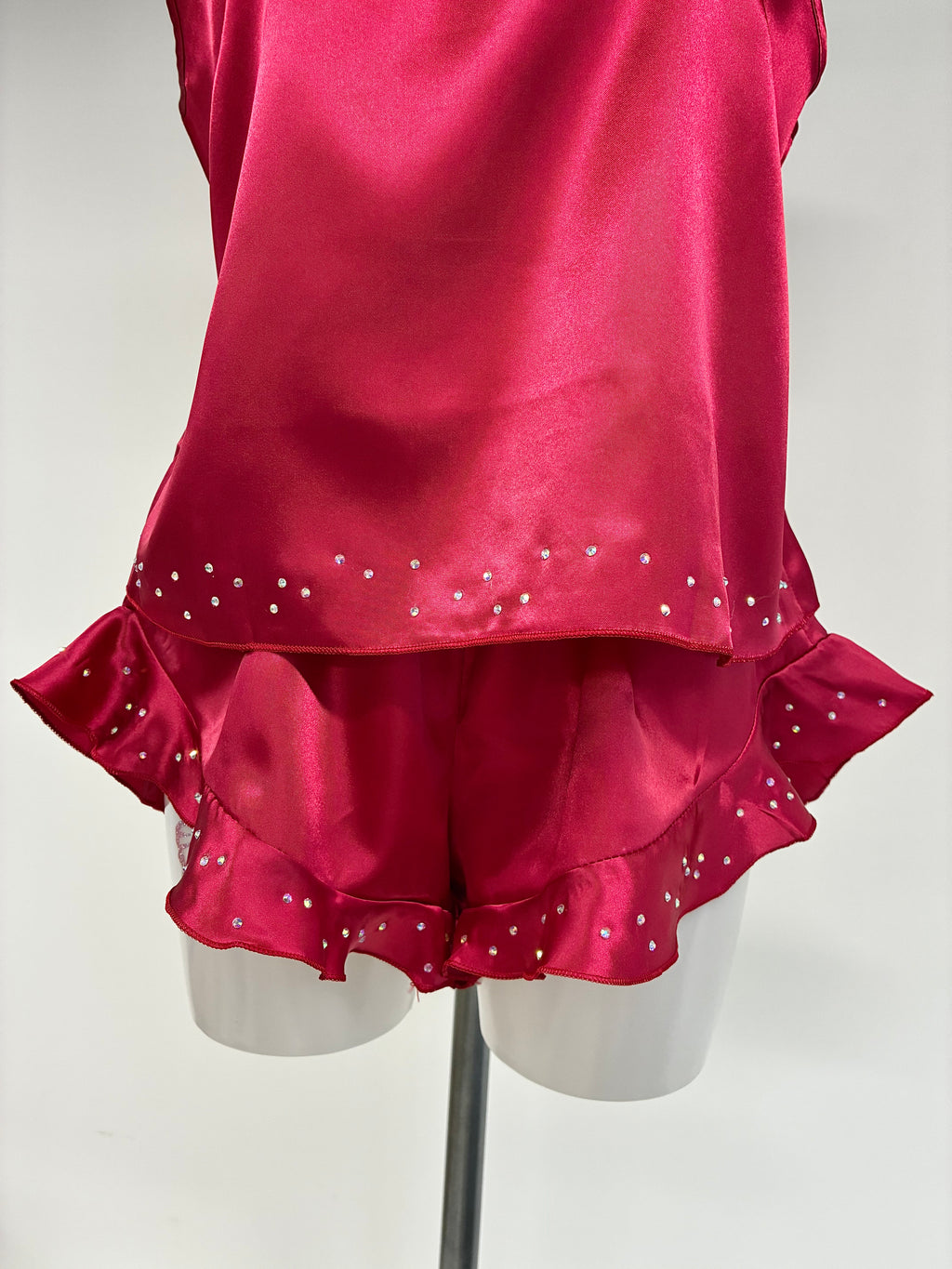 faux satin crystal ruffle shorts 2 piece set