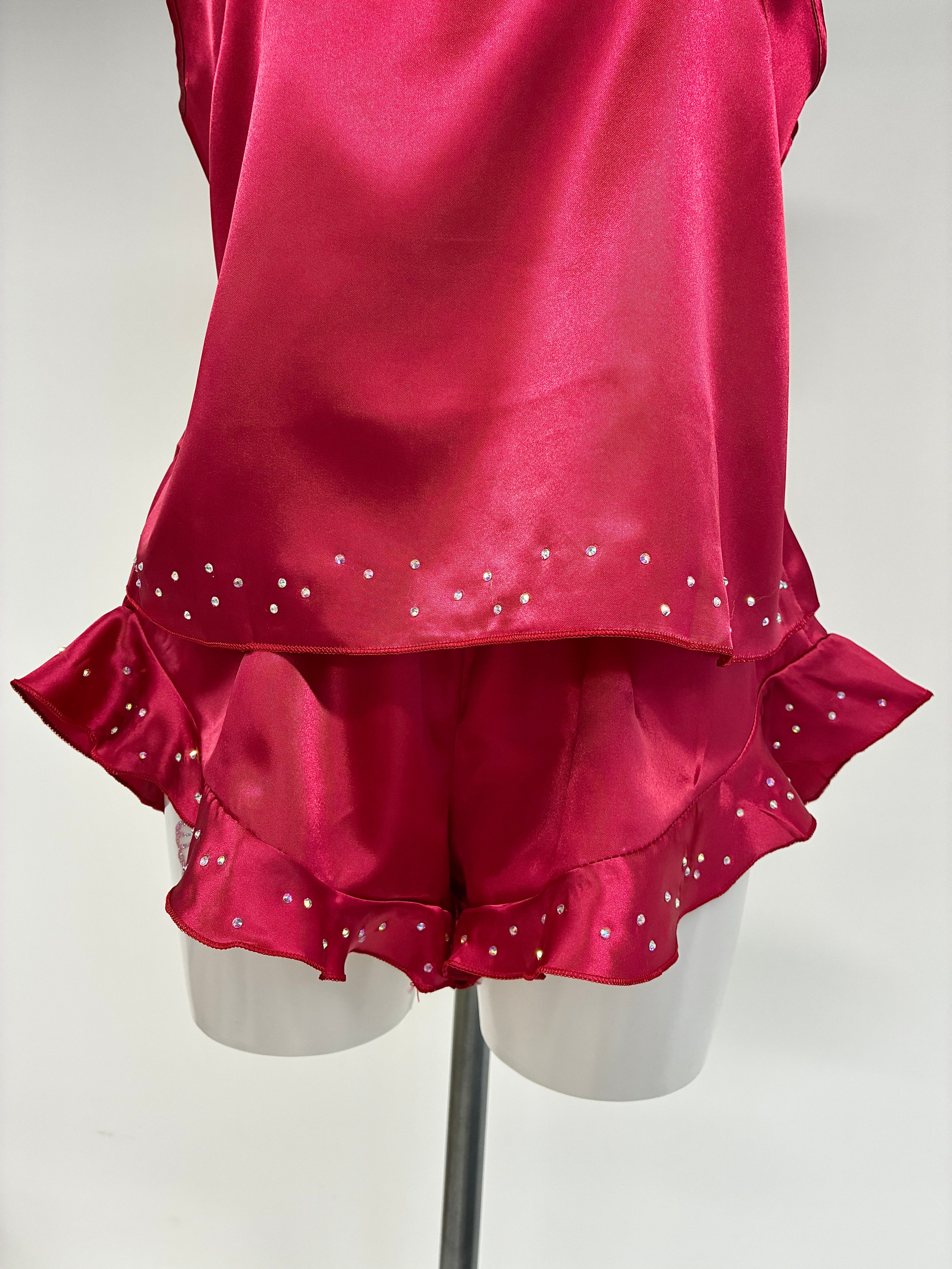 faux satin crystal ruffle shorts 2 piece set