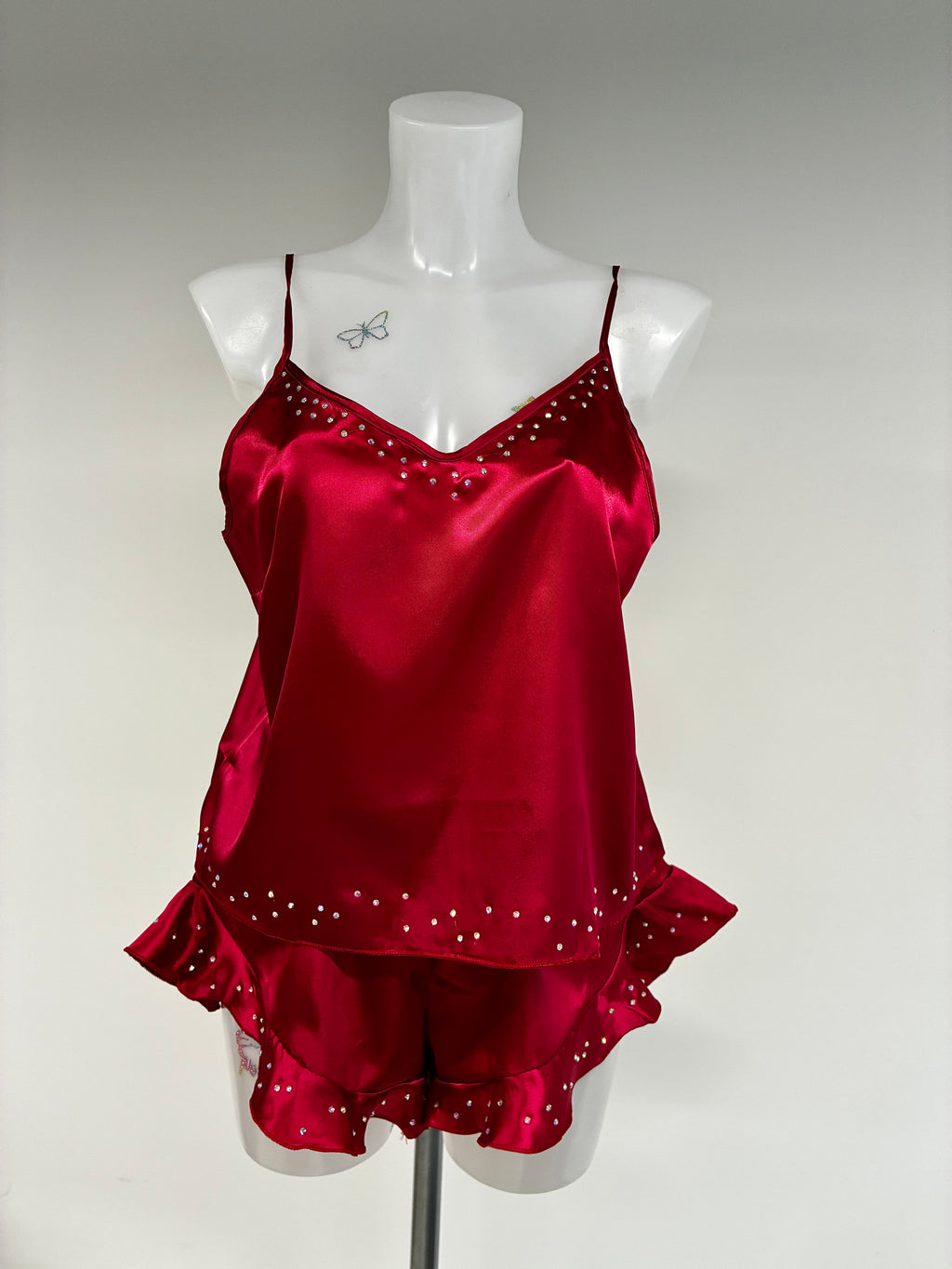 faux satin crystal ruffle shorts 2 piece set
