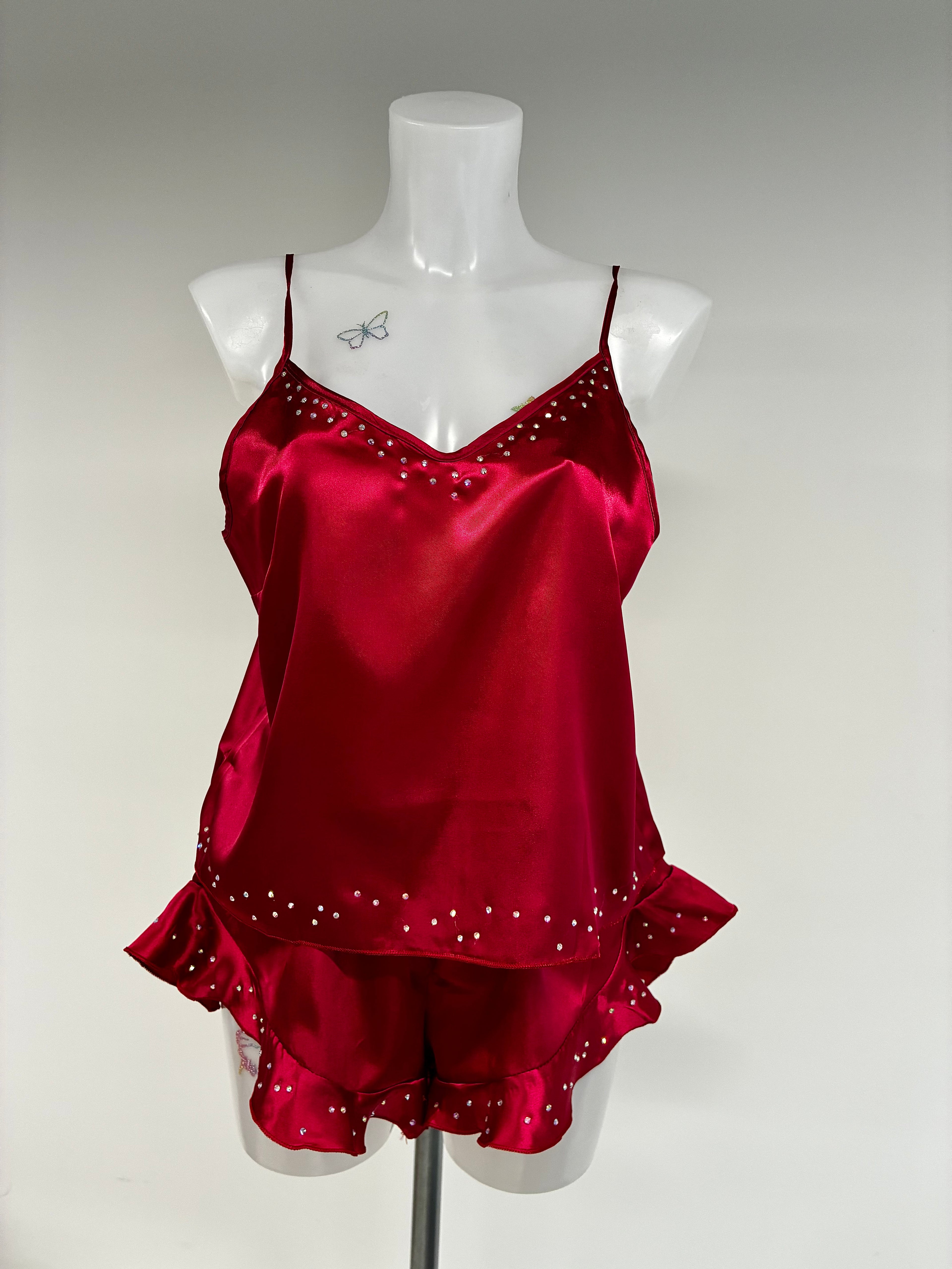 faux satin crystal ruffle shorts 2 piece set