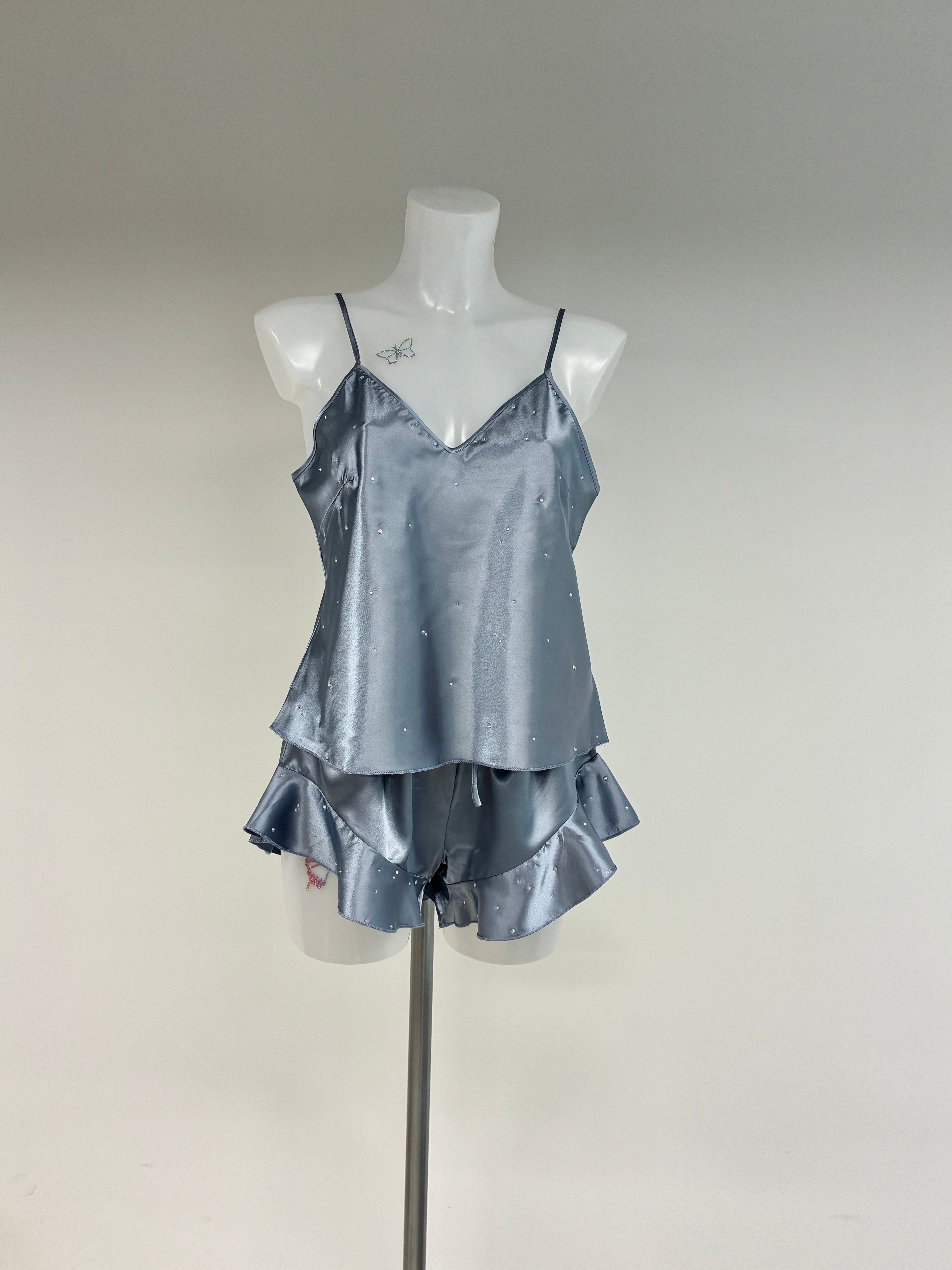 Faux satin crystal ruffle shorts 2 piece set