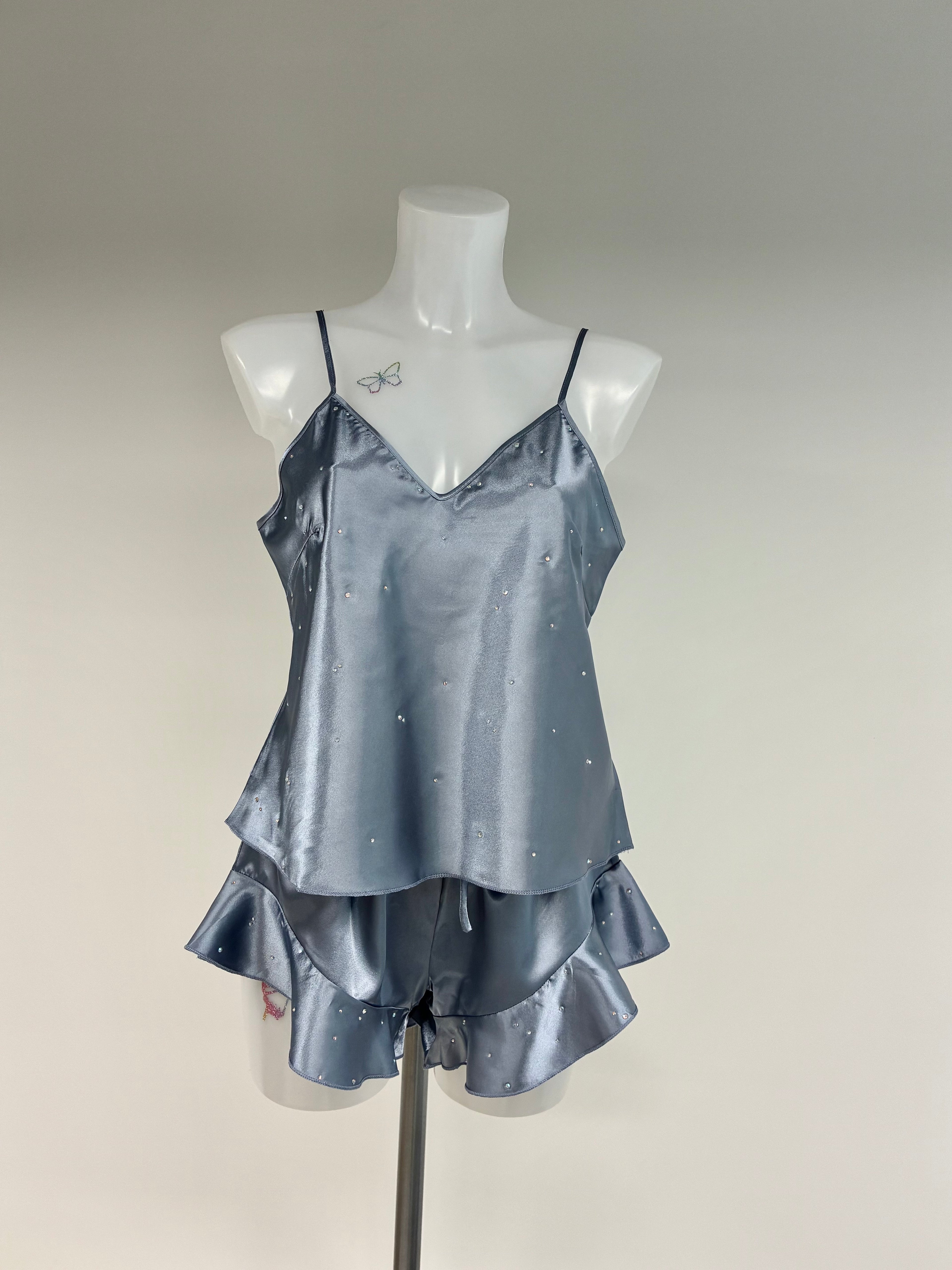Faux satin crystal ruffle shorts 2 piece set