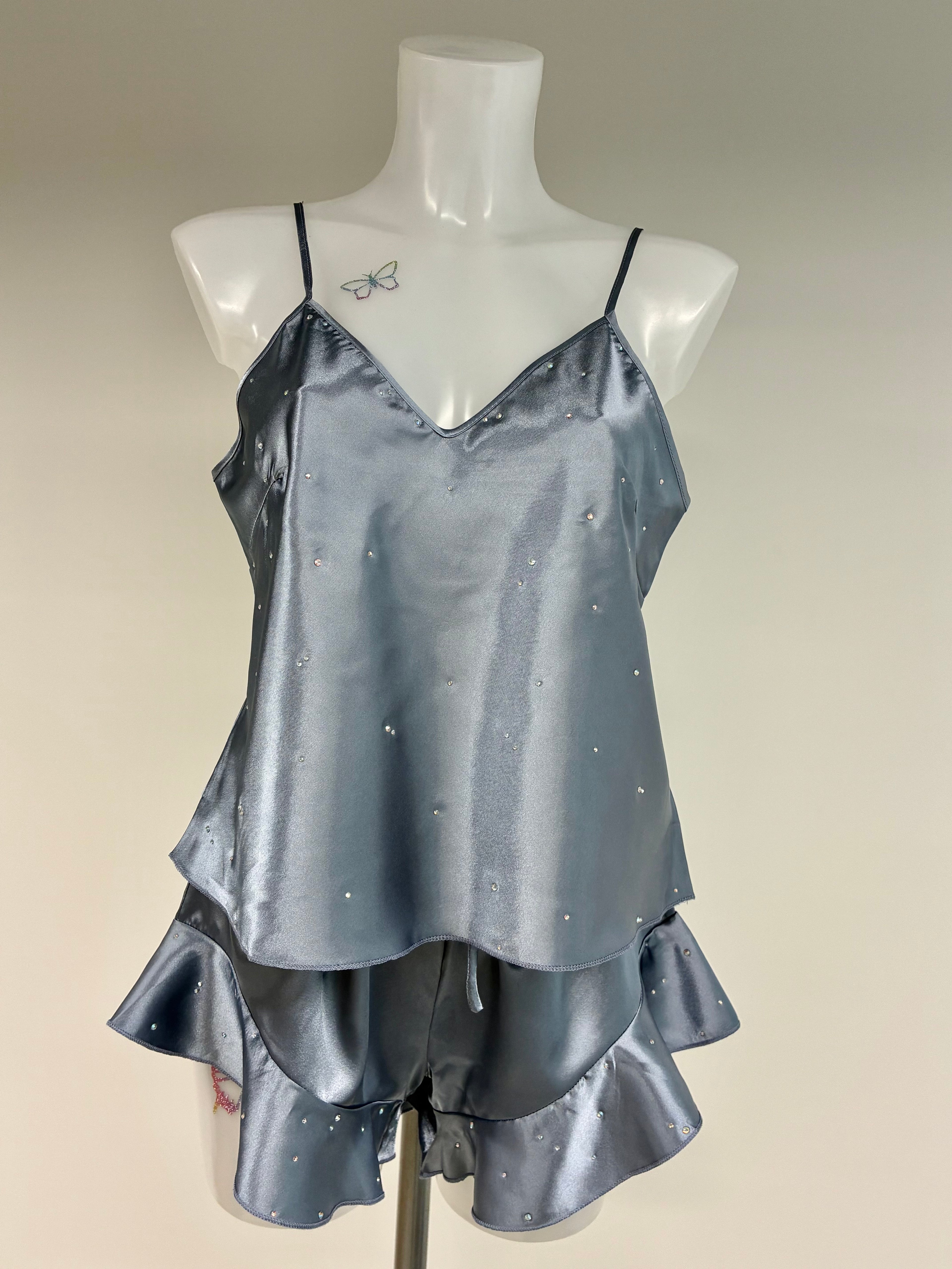 Faux satin crystal ruffle shorts 2 piece set