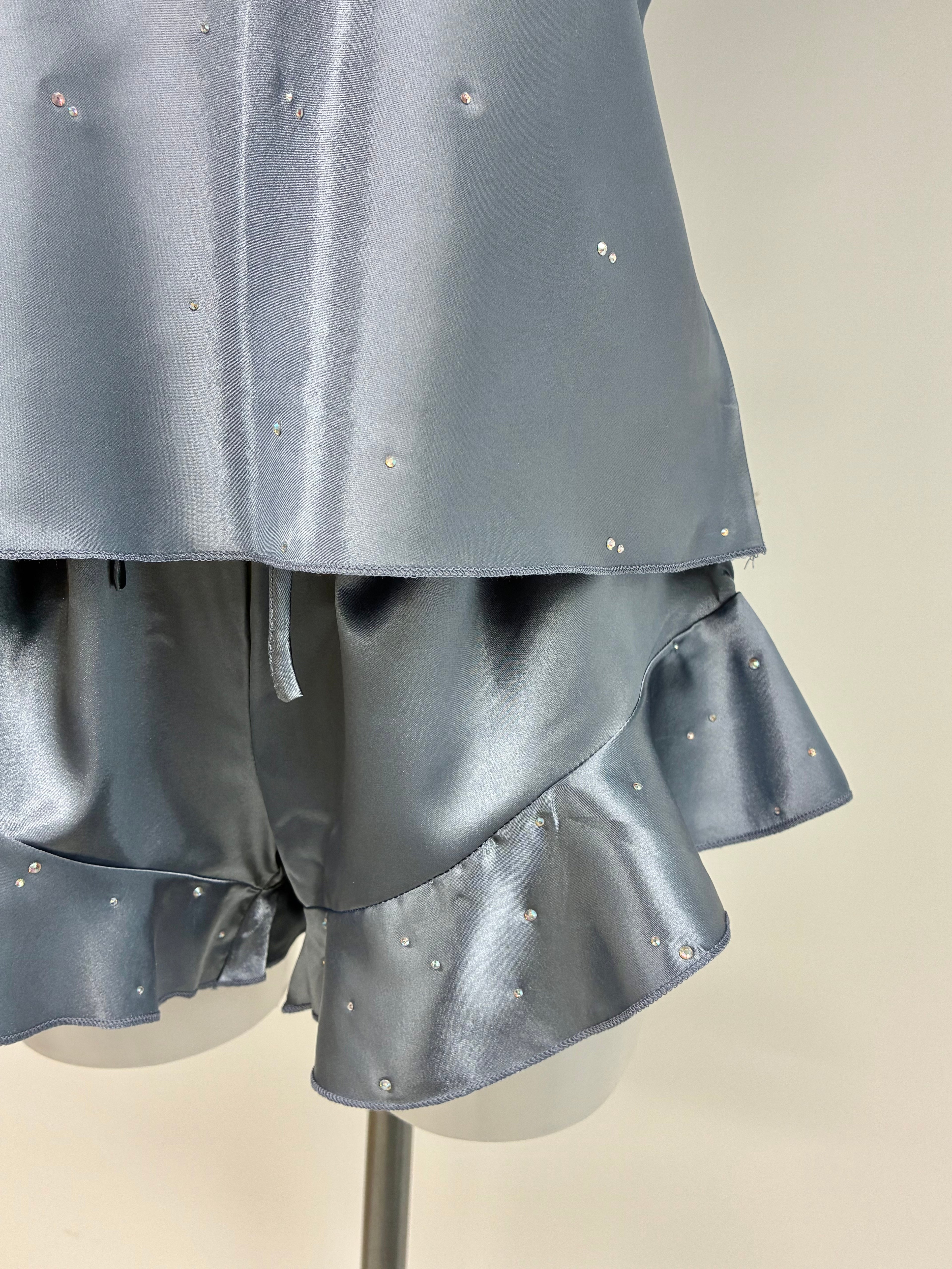 Faux satin crystal ruffle shorts 2 piece set