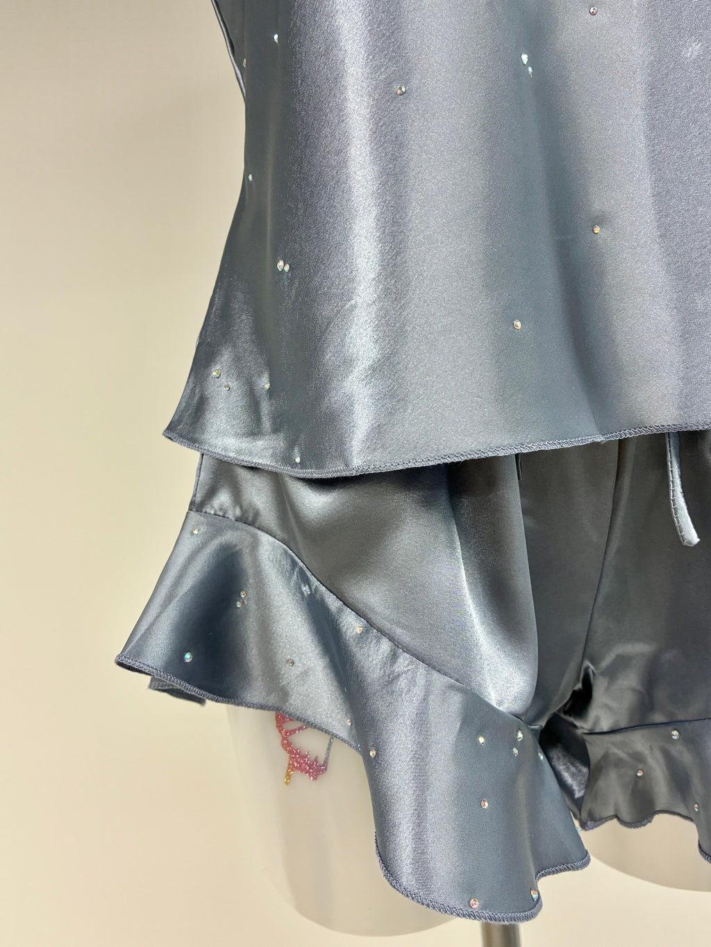 Faux satin crystal ruffle shorts 2 piece set