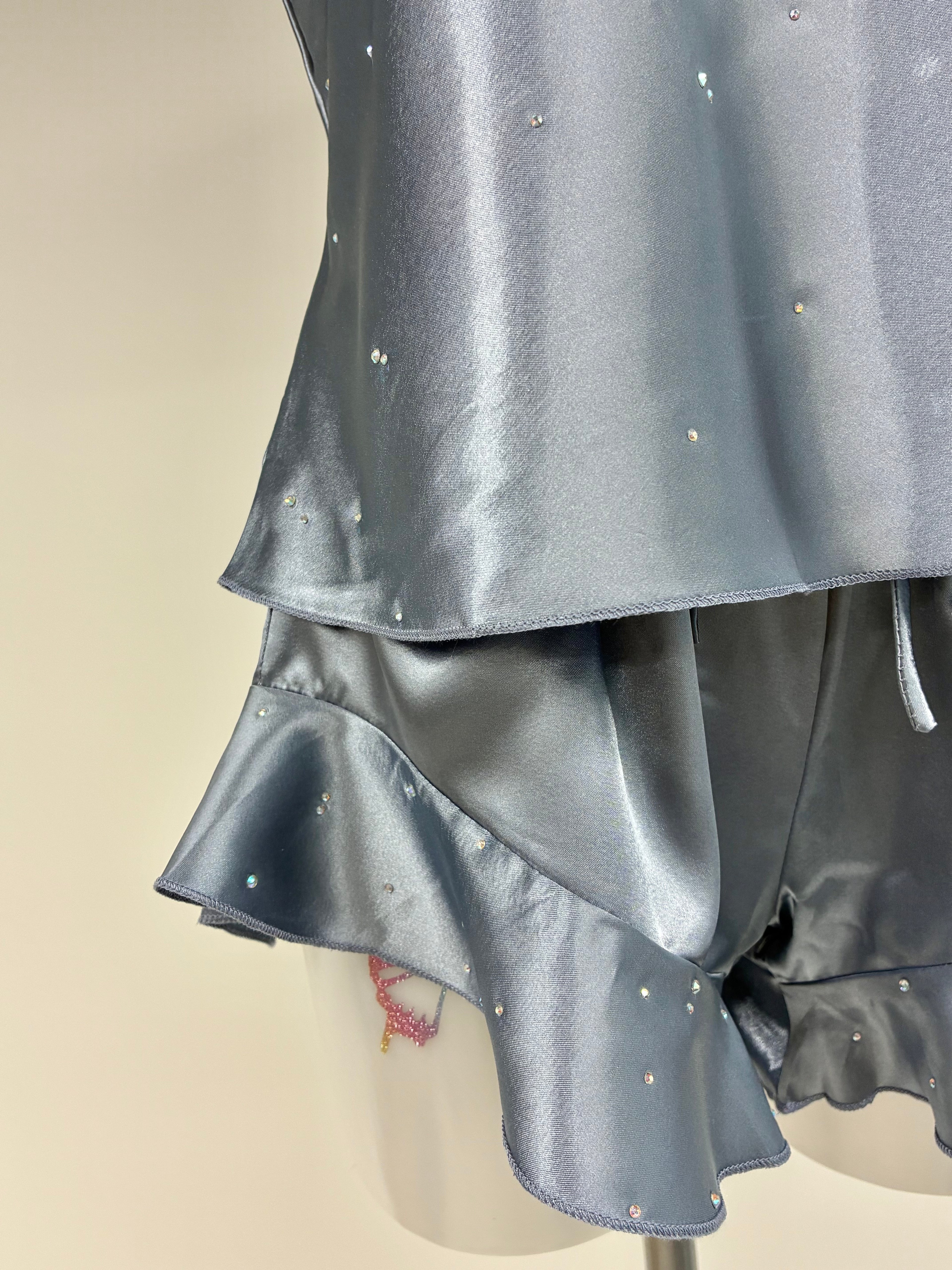 Faux satin crystal ruffle shorts 2 piece set