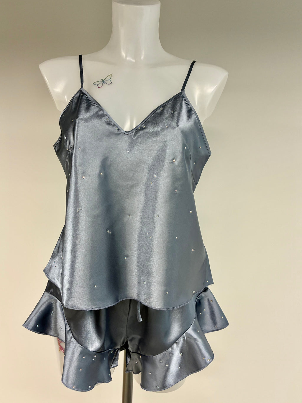 Faux satin crystal ruffle shorts 2 piece set