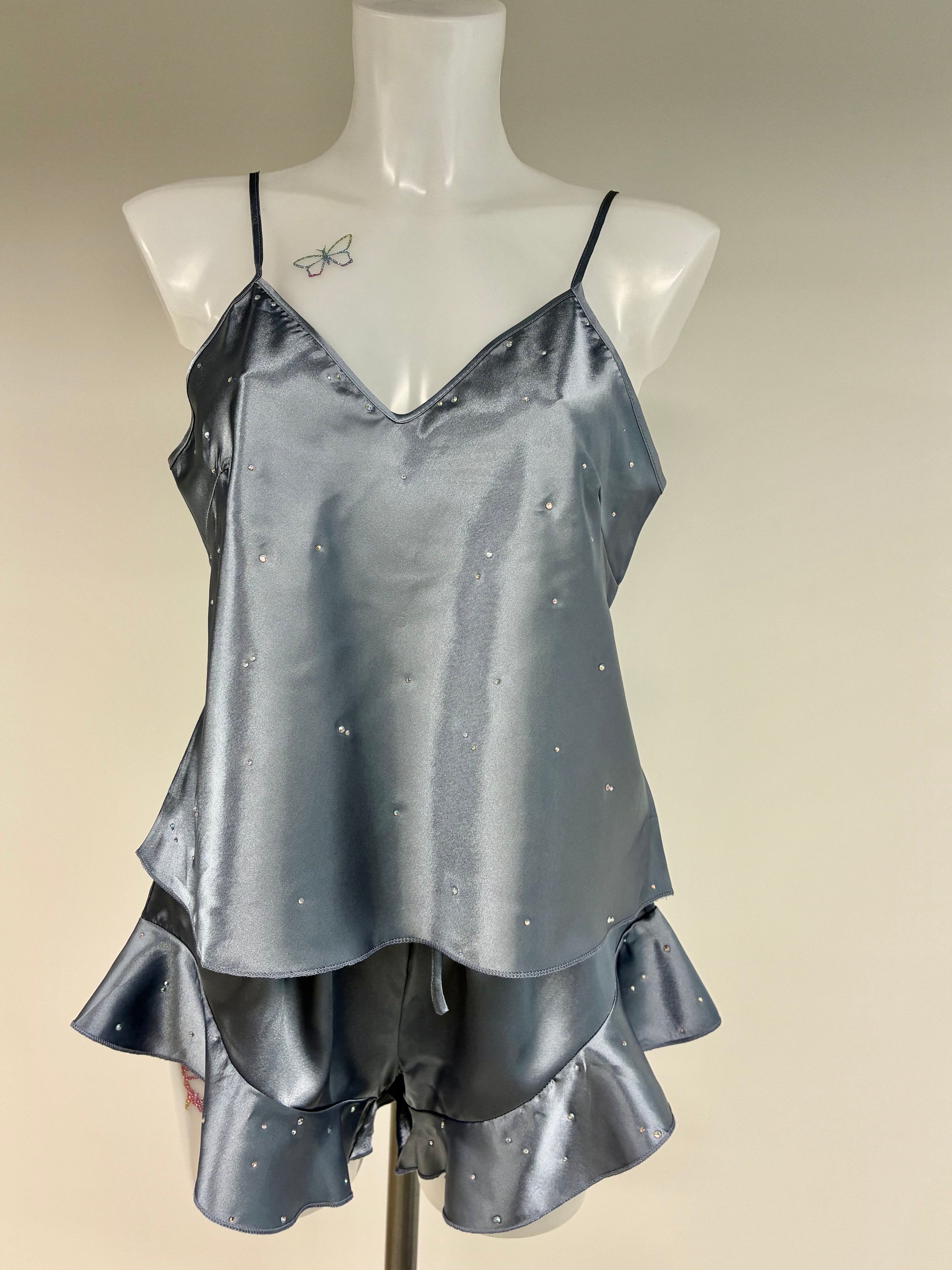 Faux satin crystal ruffle shorts 2 piece set
