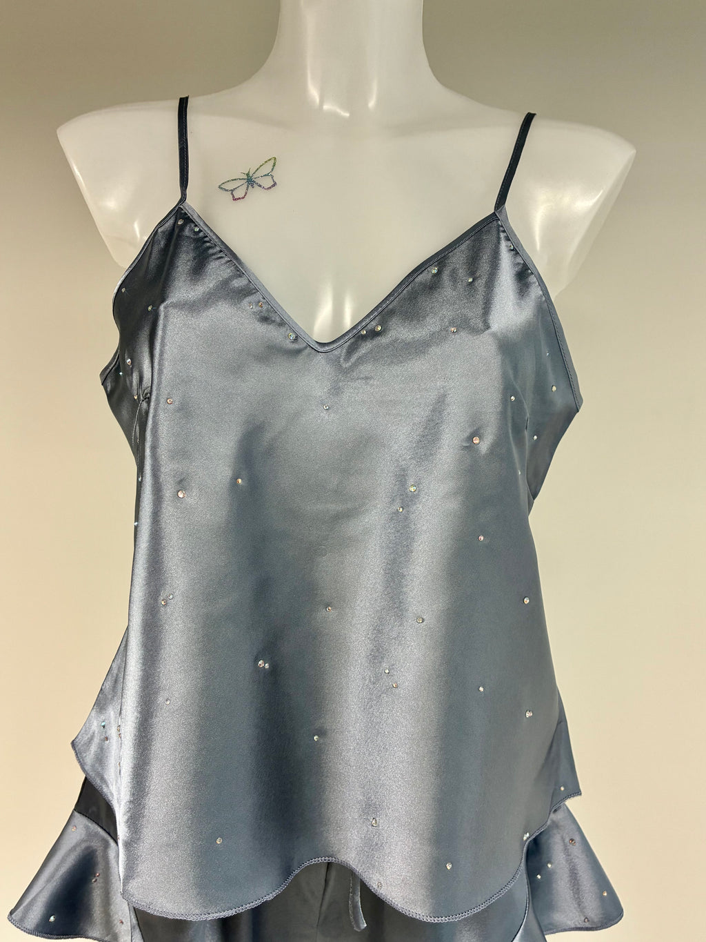 Faux satin crystal ruffle shorts 2 piece set
