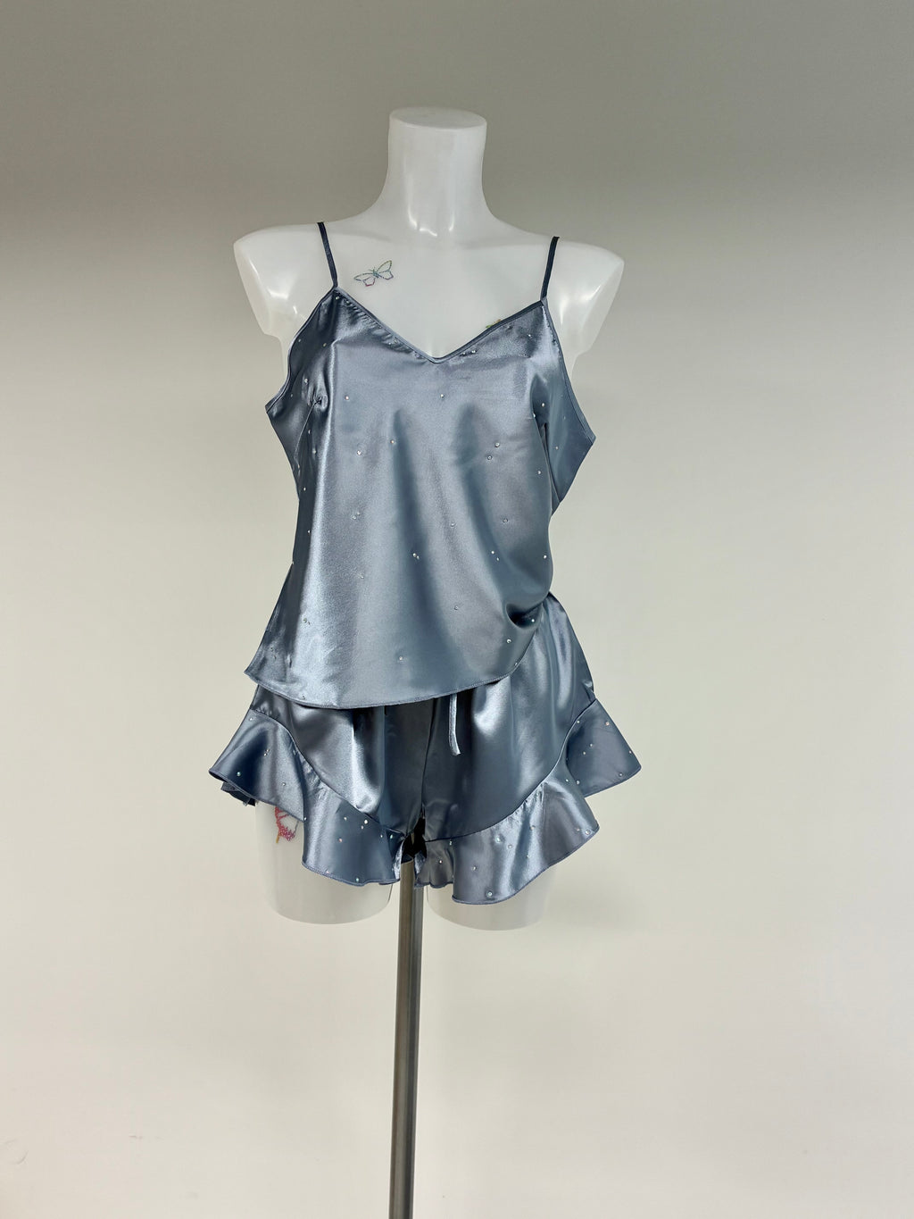 Faux satin crystal ruffle shorts 2 piece set