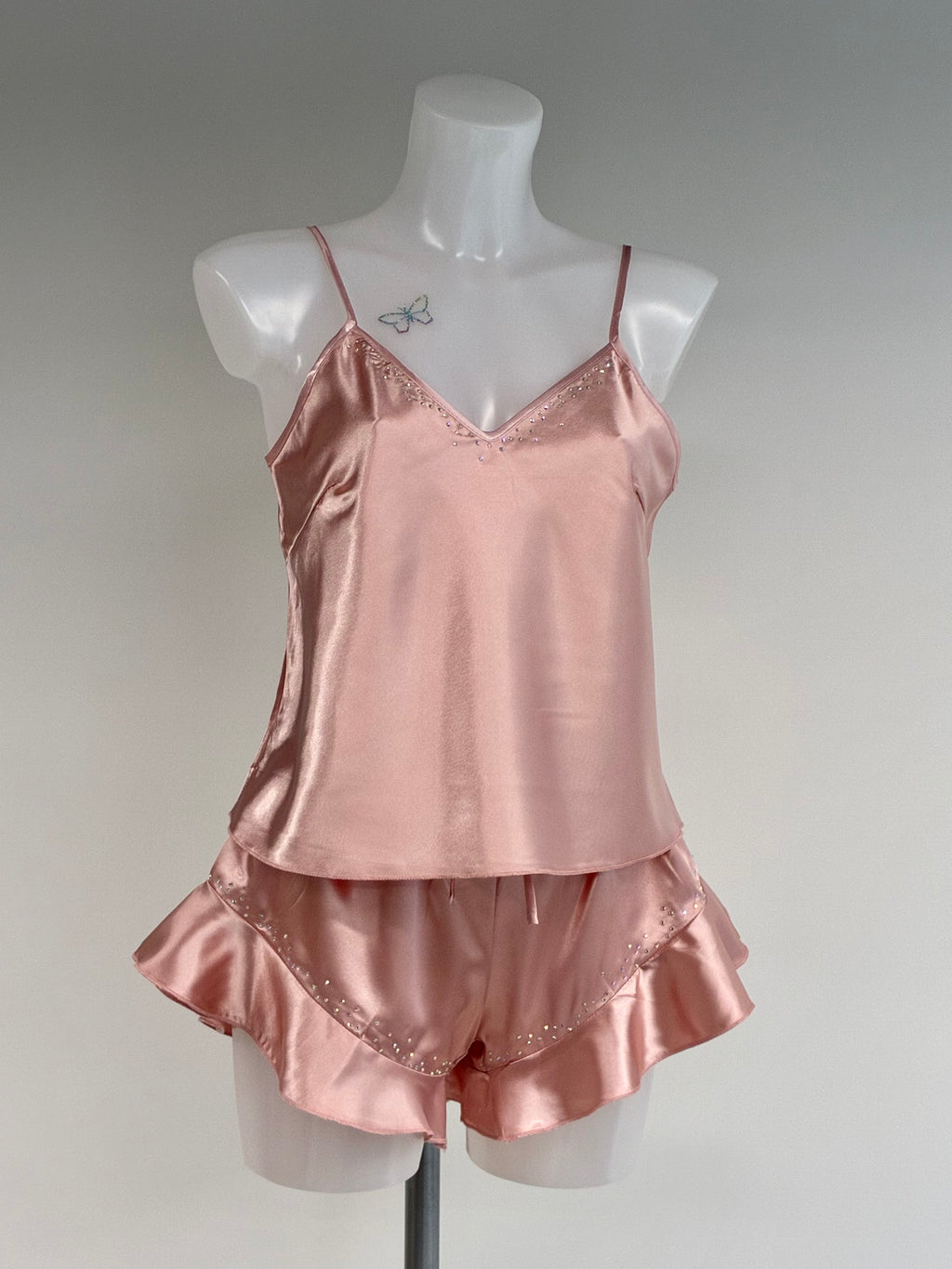 Faux satin crystal ruffle shorts 2 piece set