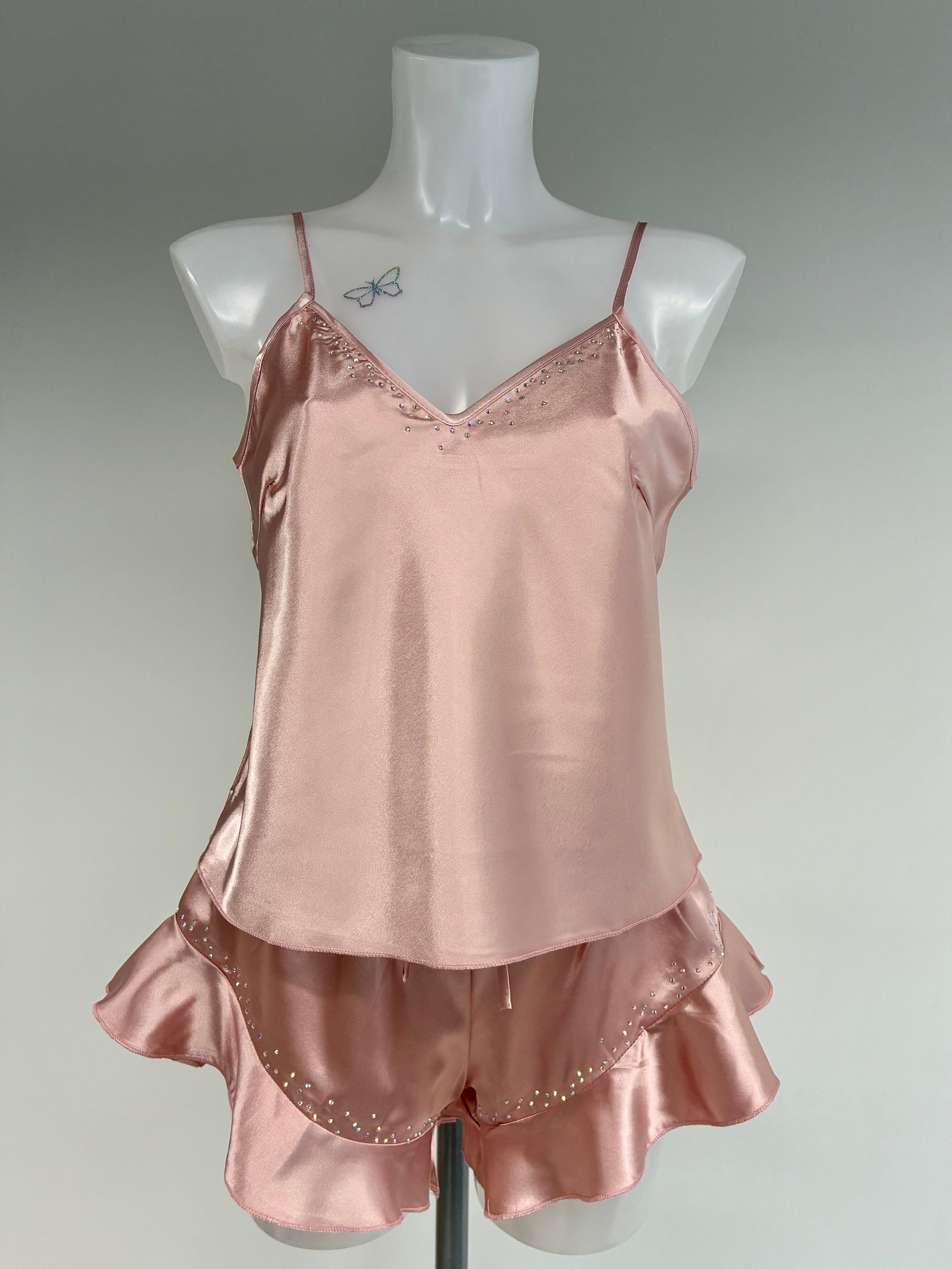 Faux satin crystal ruffle shorts 2 piece set