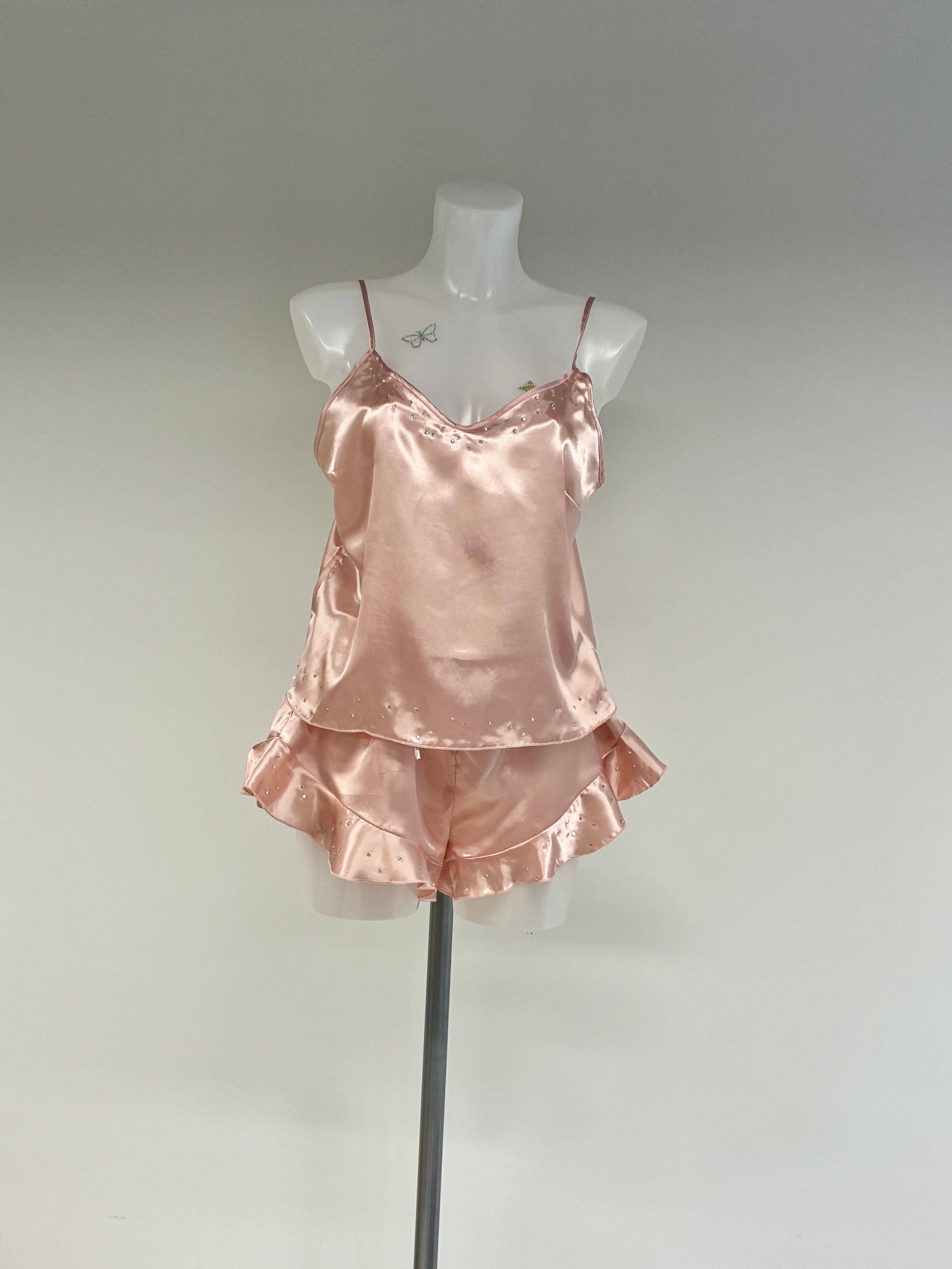 faux satin crystal ruffle shorts 2 piece set