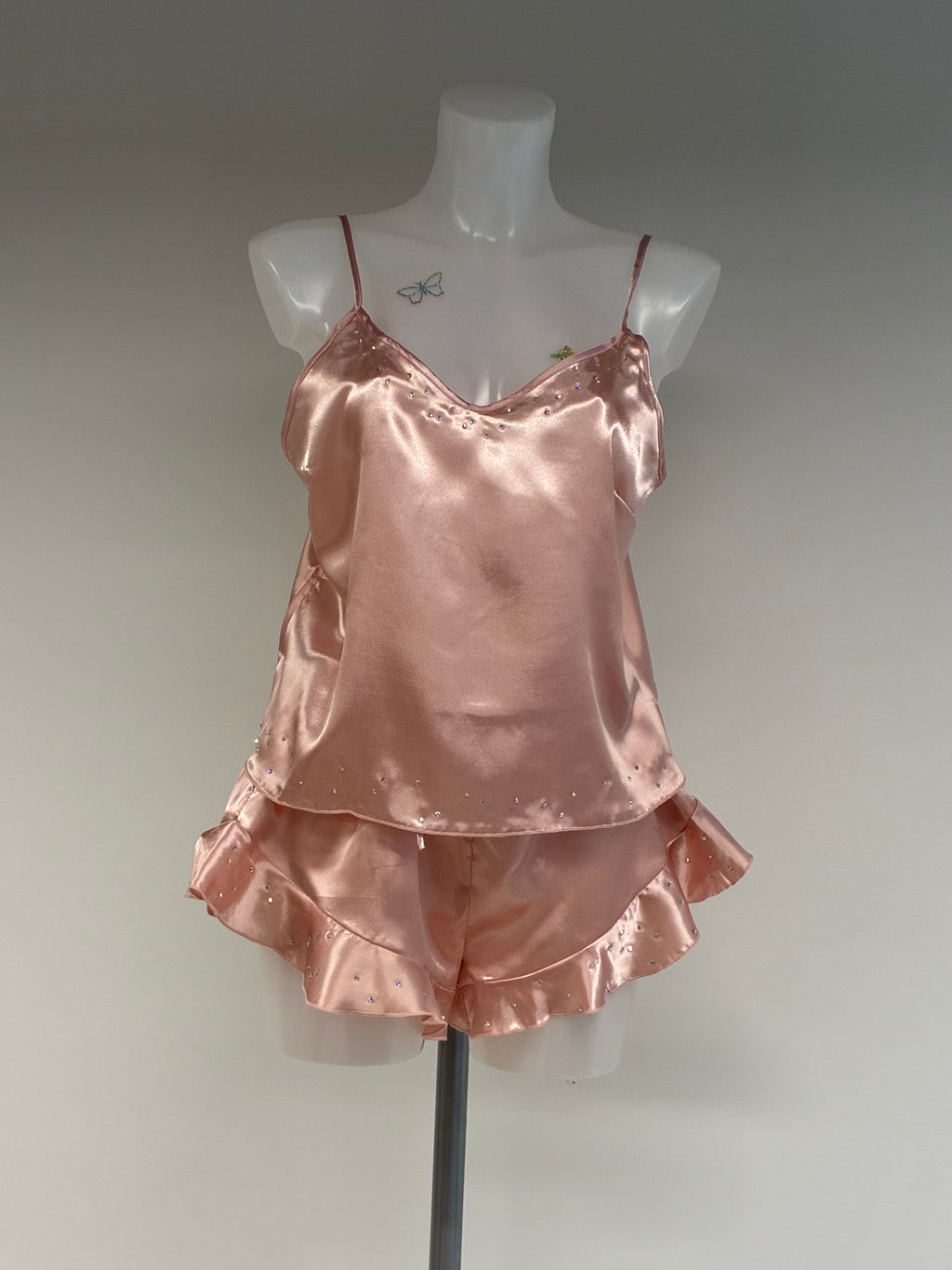 faux satin crystal ruffle shorts 2 piece set