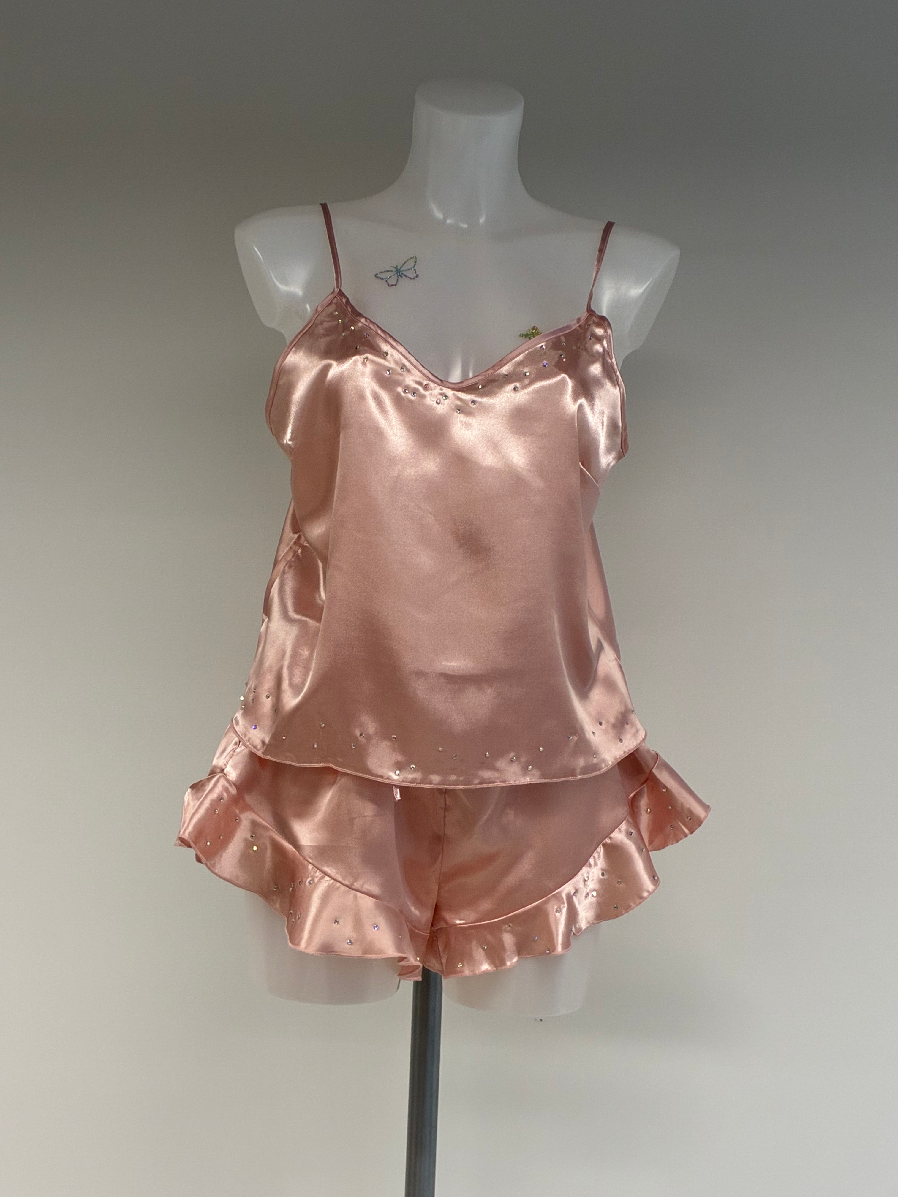 faux satin crystal ruffle shorts 2 piece set