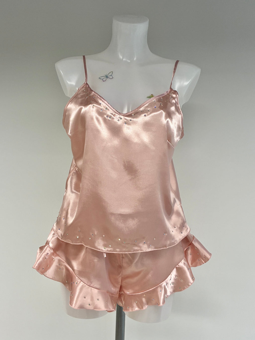 faux satin crystal ruffle shorts 2 piece set