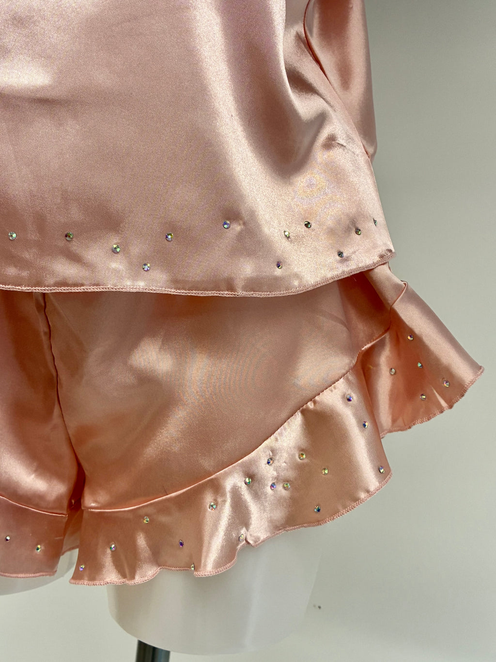 faux satin crystal ruffle shorts 2 piece set