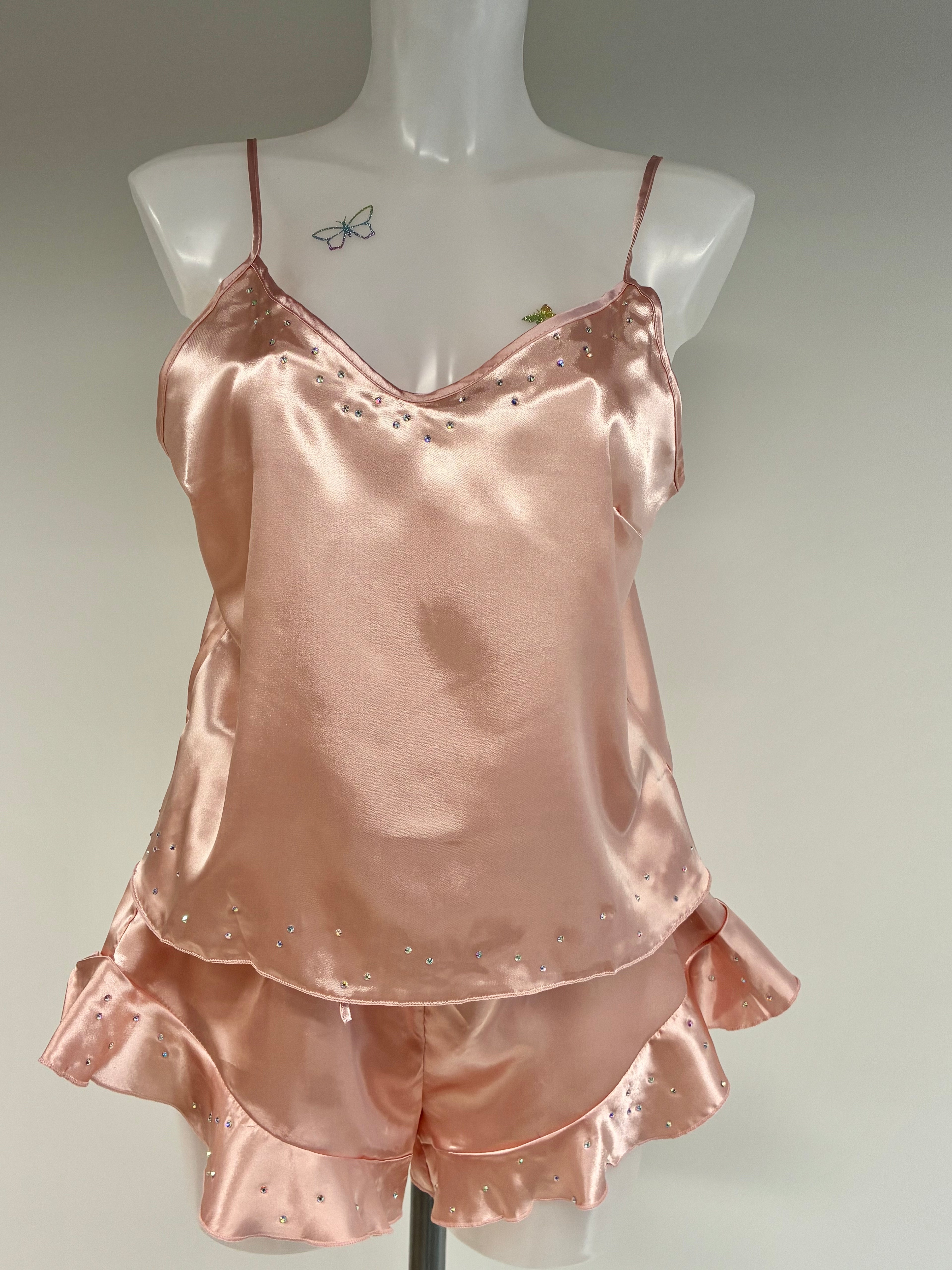 faux satin crystal ruffle shorts 2 piece set