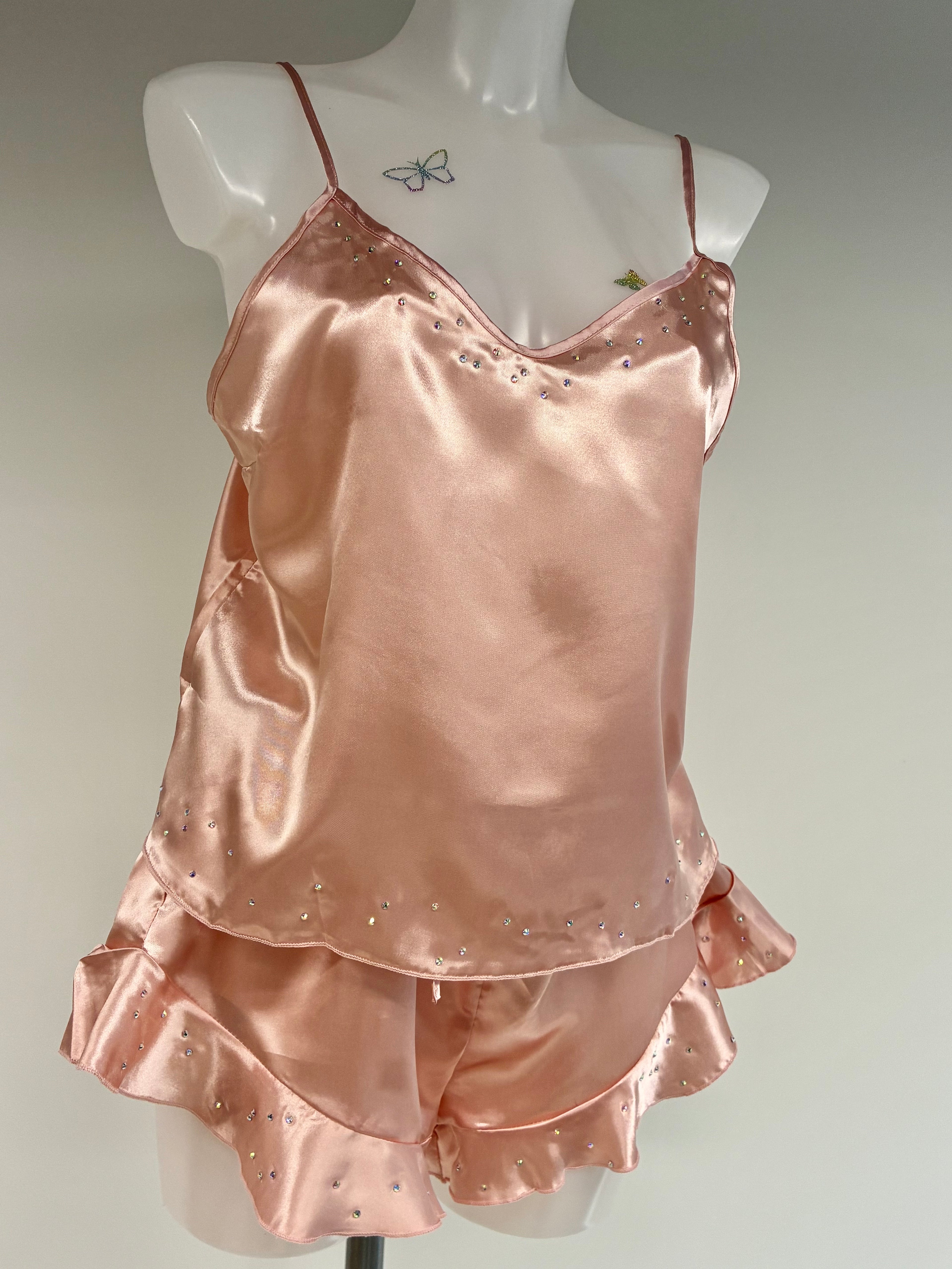 faux satin crystal ruffle shorts 2 piece set