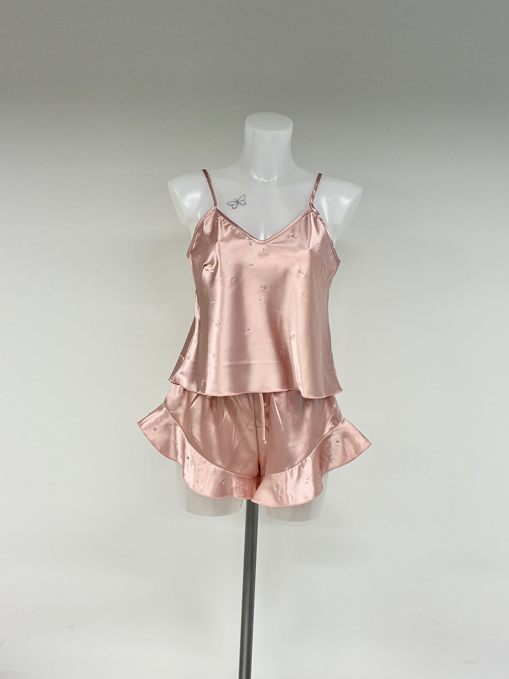 Faux satin crystal ruffle shorts 2 piece set