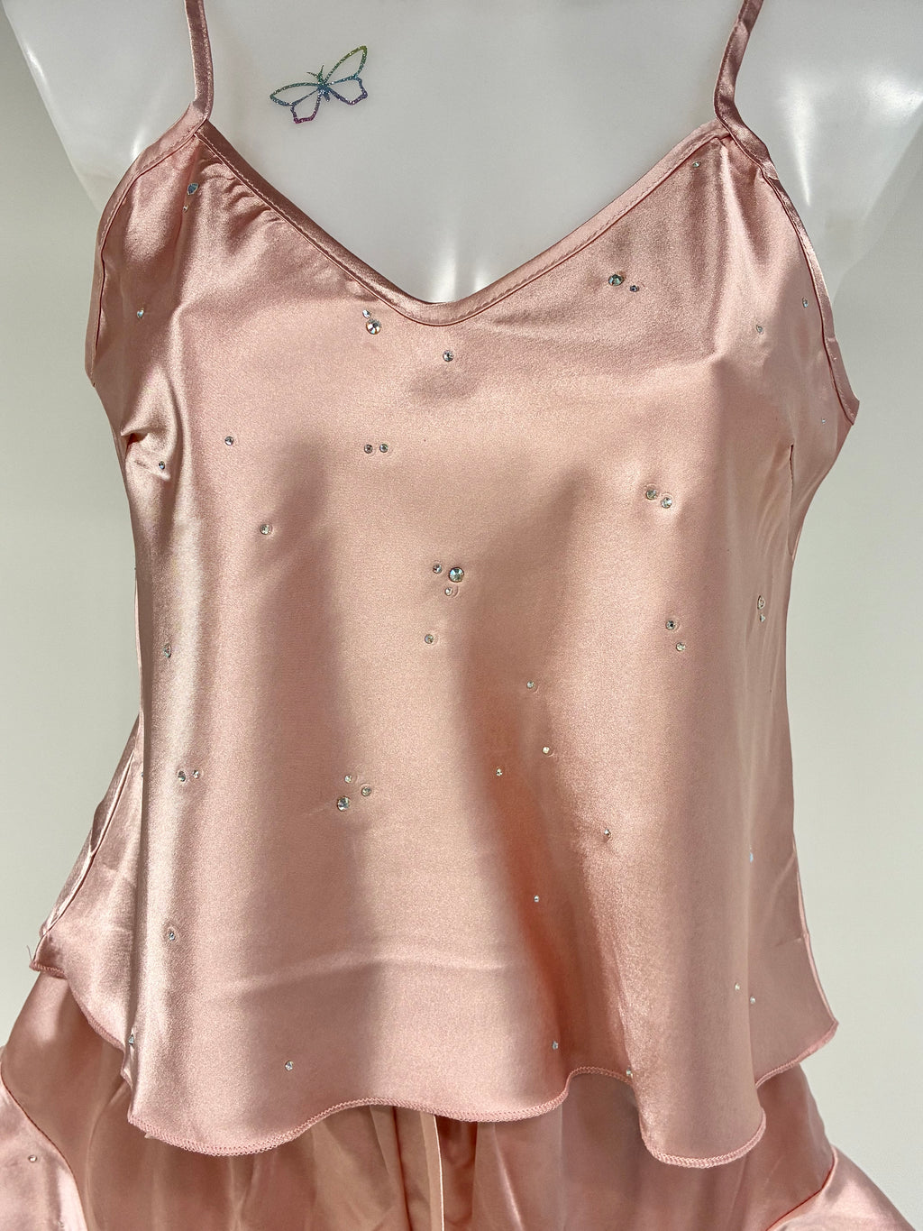 Faux satin crystal ruffle shorts 2 piece set