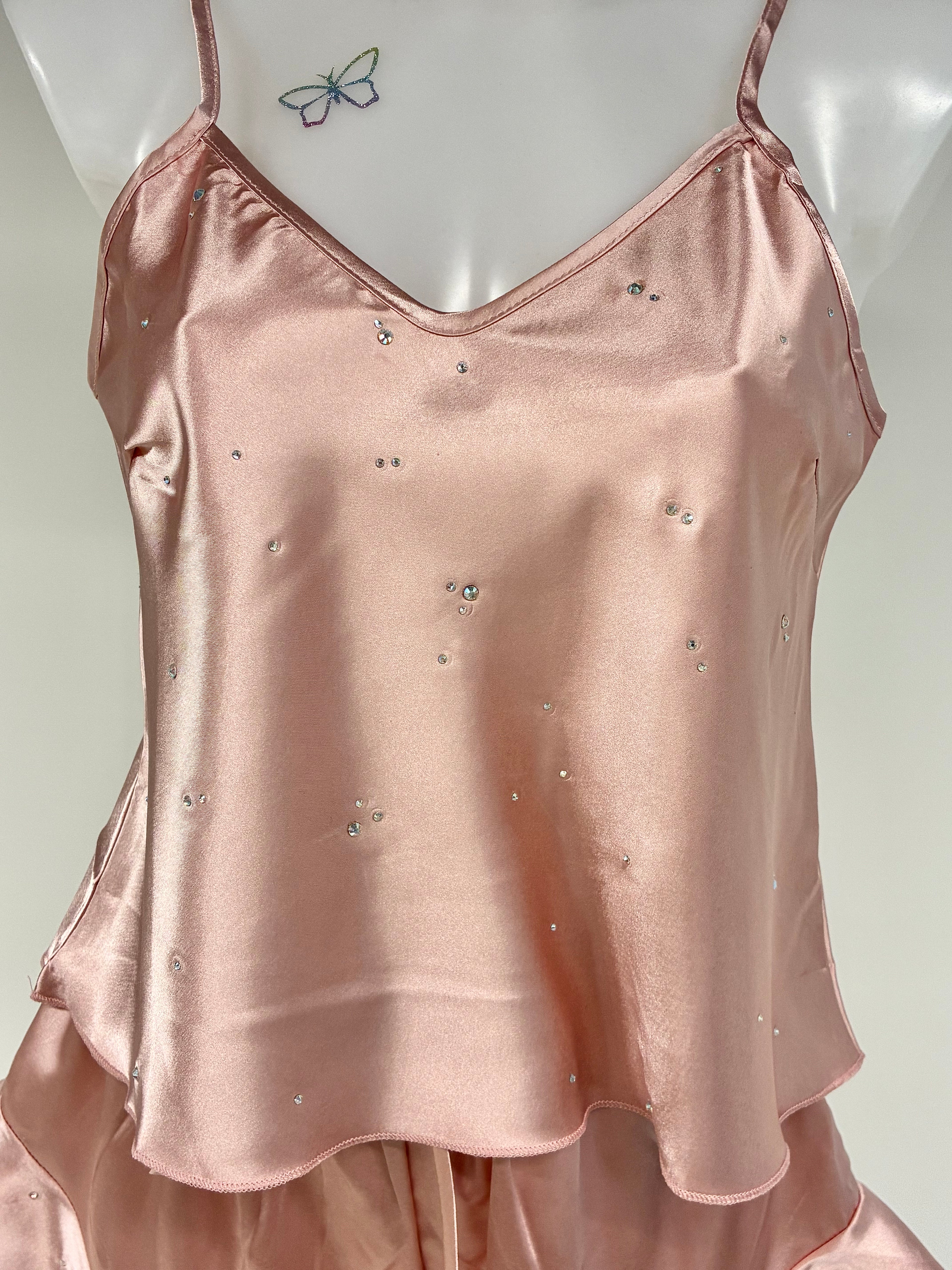 Faux satin crystal ruffle shorts 2 piece set