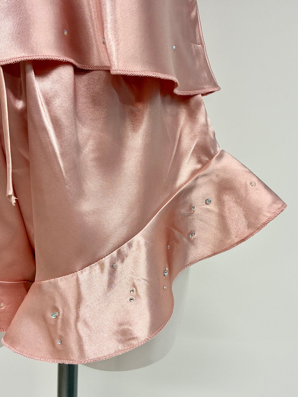Faux satin crystal ruffle shorts 2 piece set