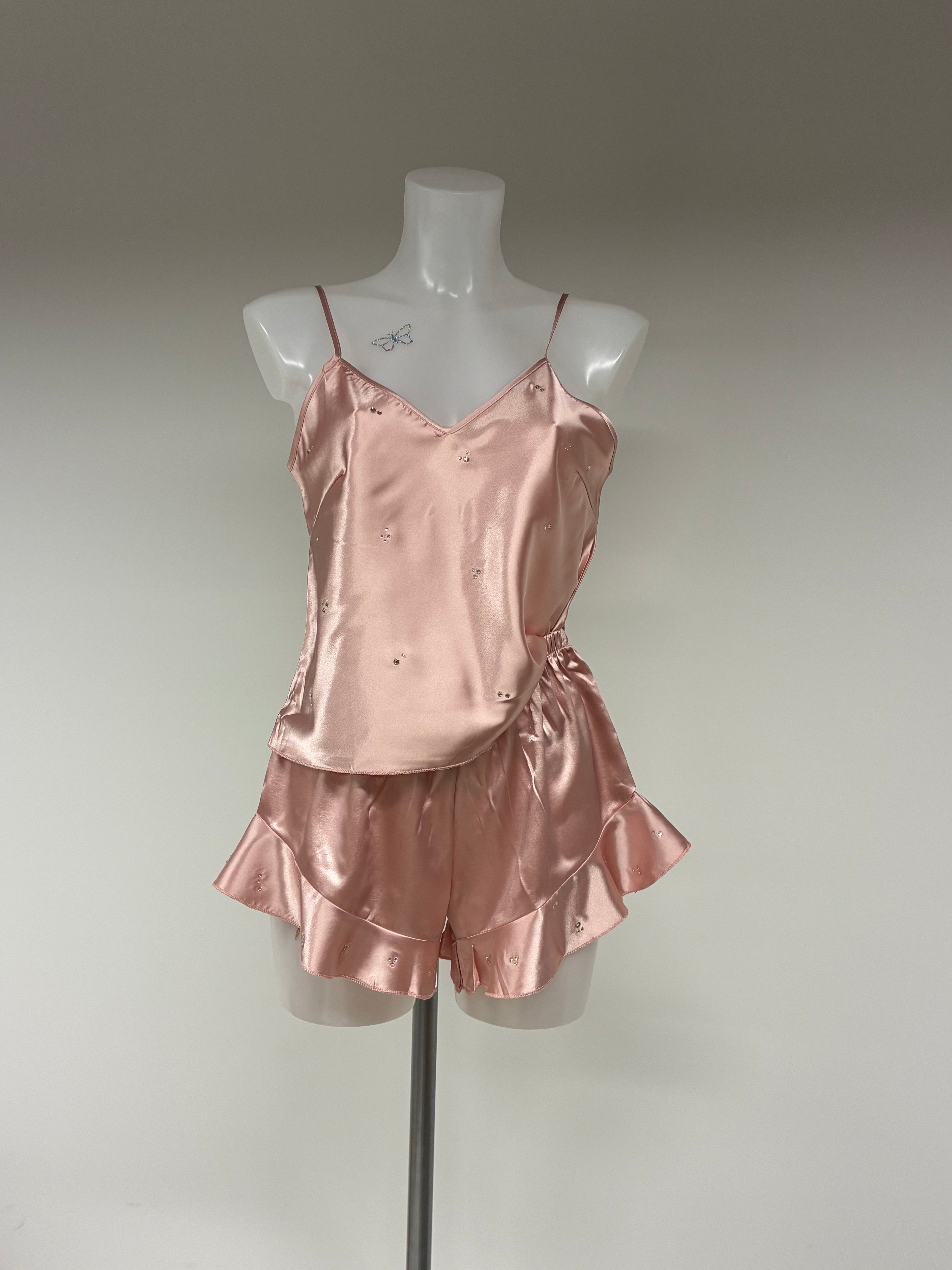 Faux satin crystal ruffle shorts 2 piece set