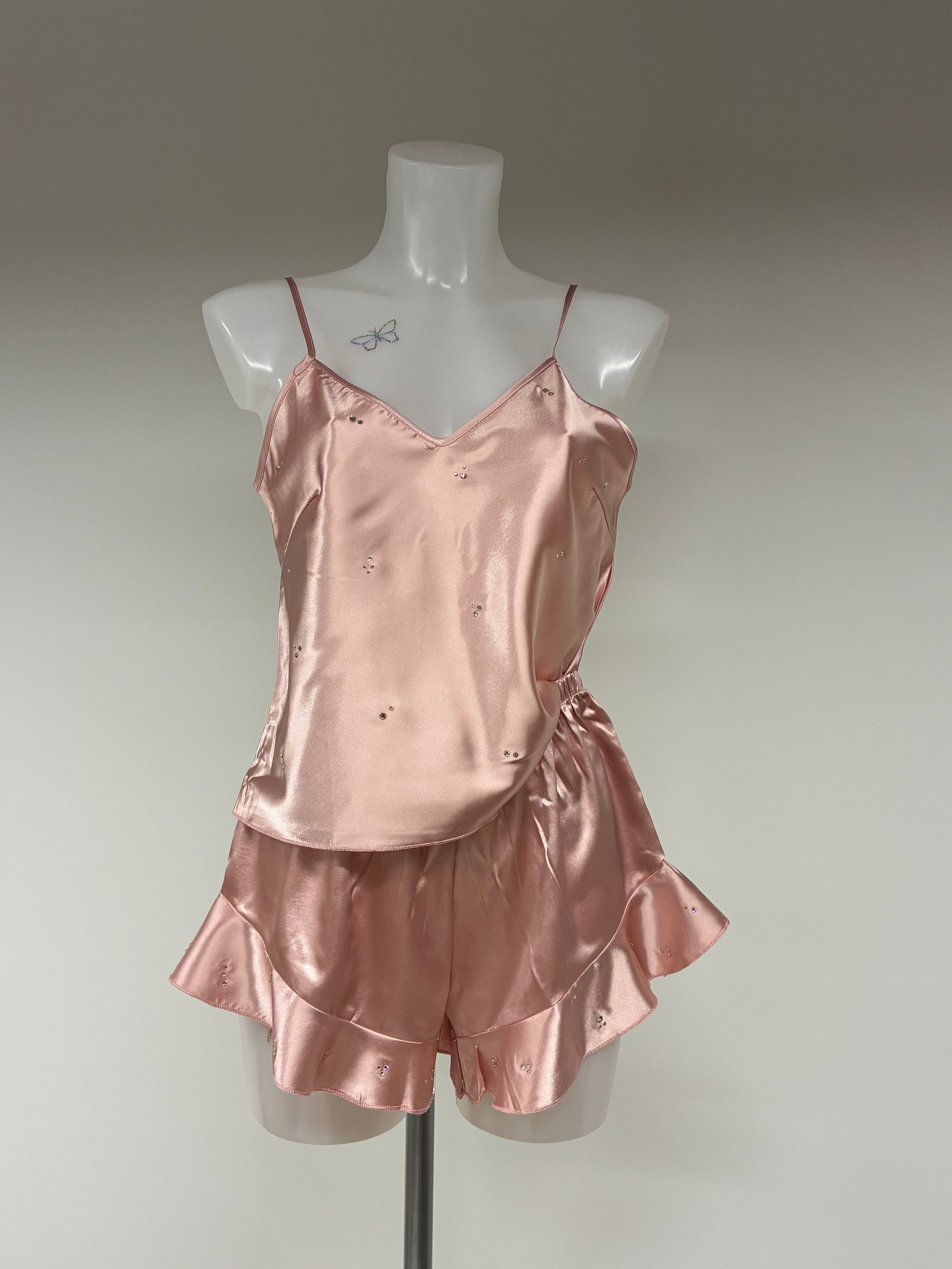 Faux satin crystal ruffle shorts 2 piece set