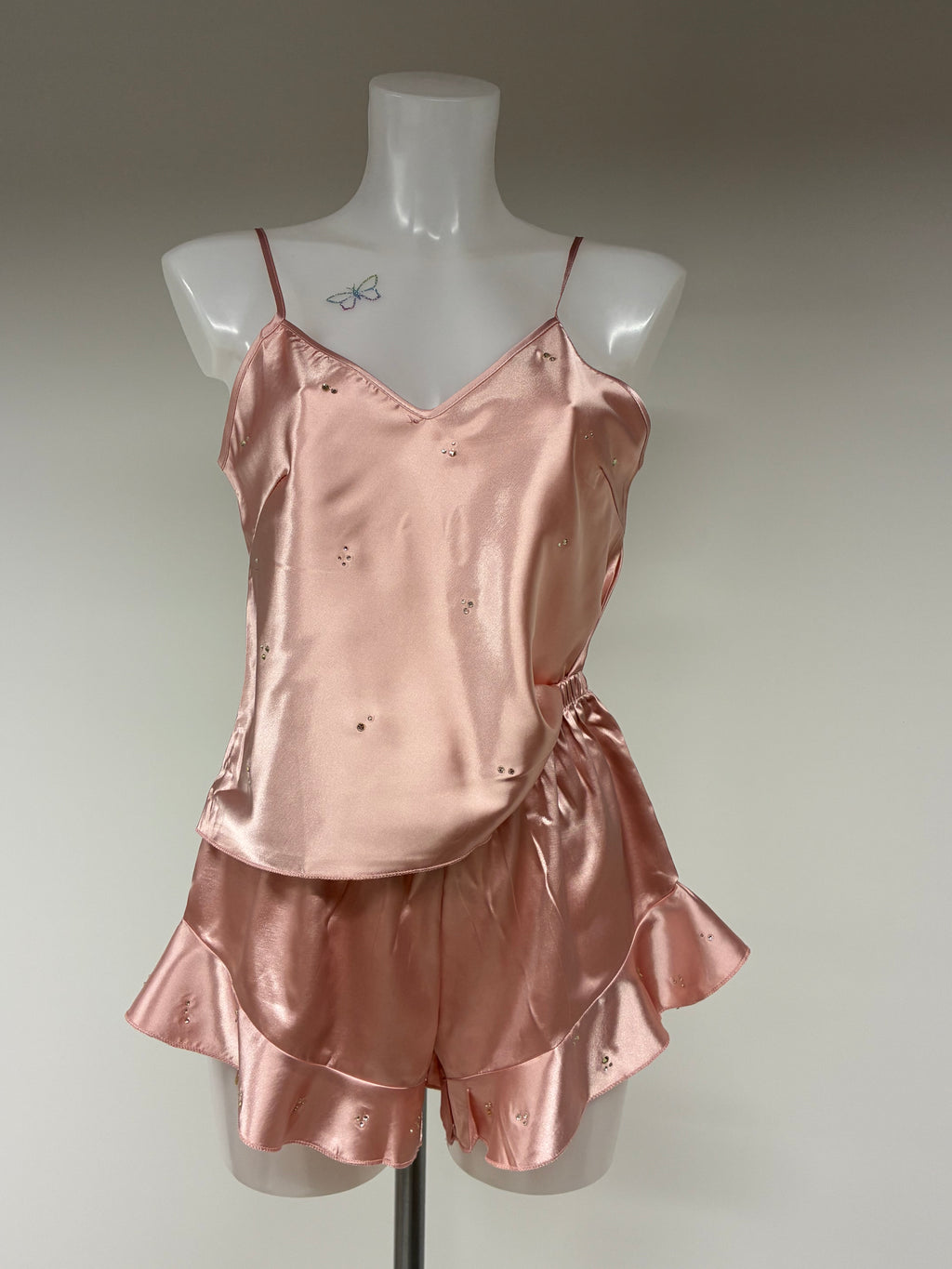 Faux satin crystal ruffle shorts 2 piece set