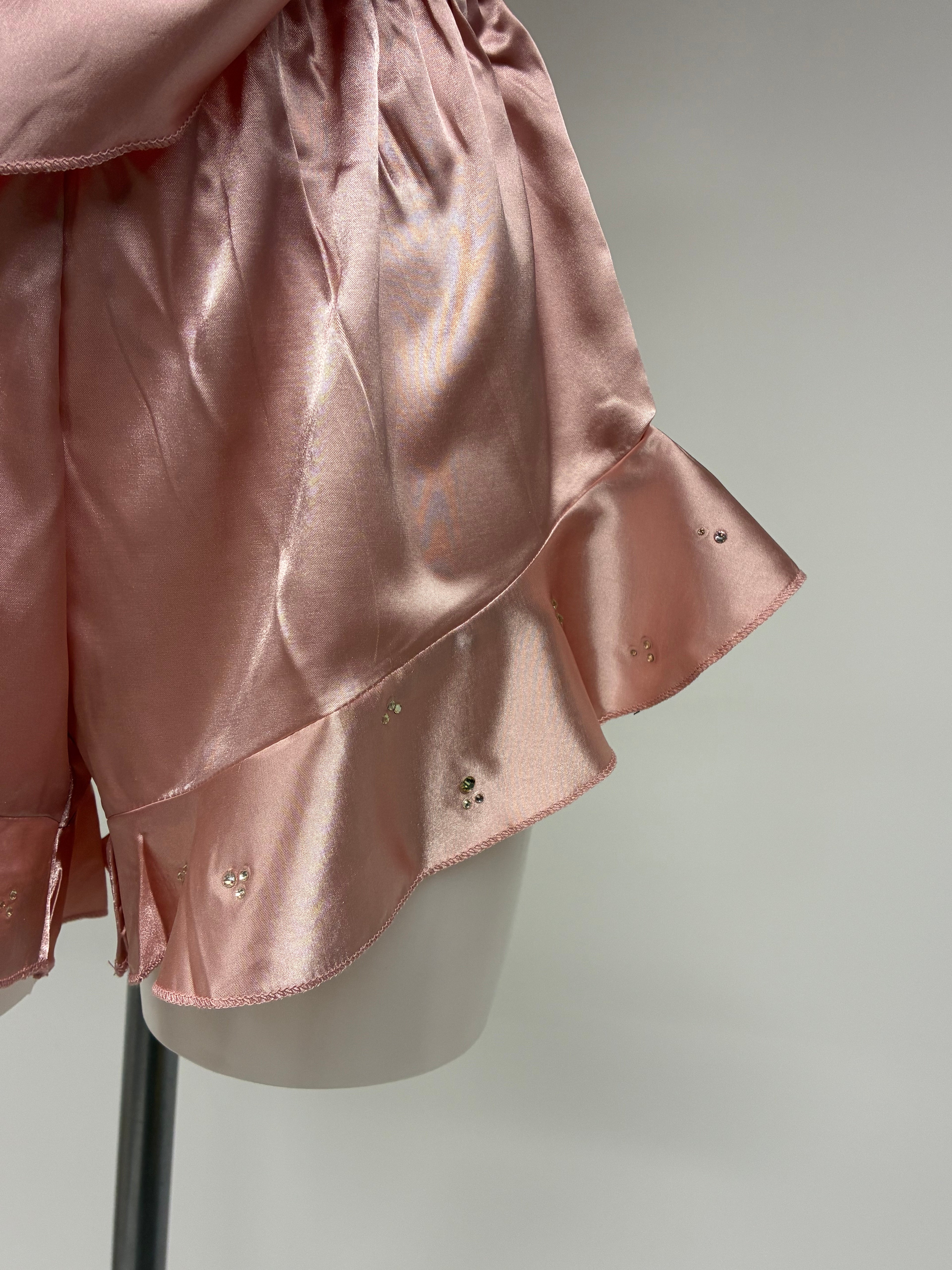 Faux satin crystal ruffle shorts 2 piece set