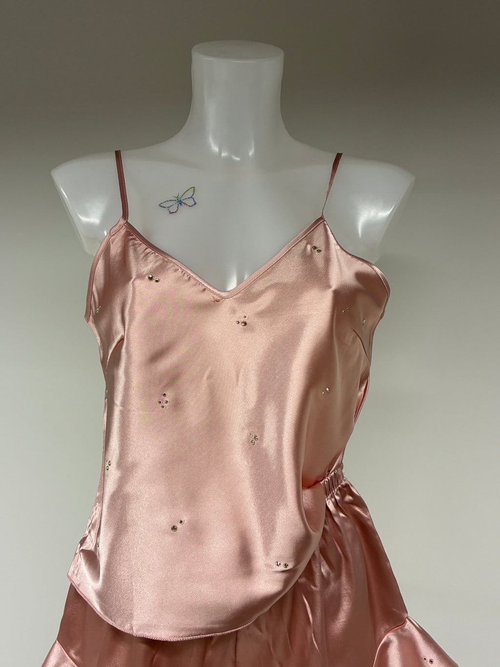 Faux satin crystal ruffle shorts 2 piece set
