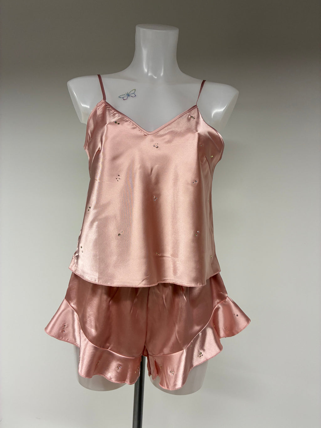 Faux satin crystal ruffle shorts 2 piece set