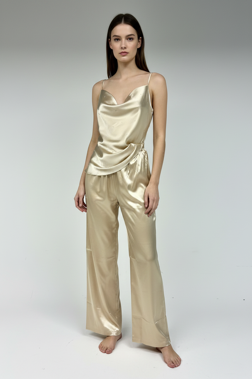 Champagne Gold Satin Set — White Studio Model