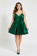 Dark green satin dress with matching green heels