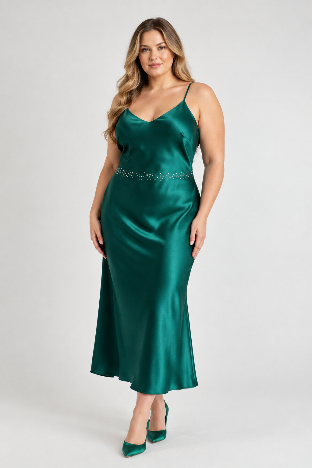 Emerald dress on a UK size 14 model