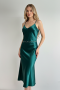 Emerald Green Satin Rhinestone Dress - Blonde Model