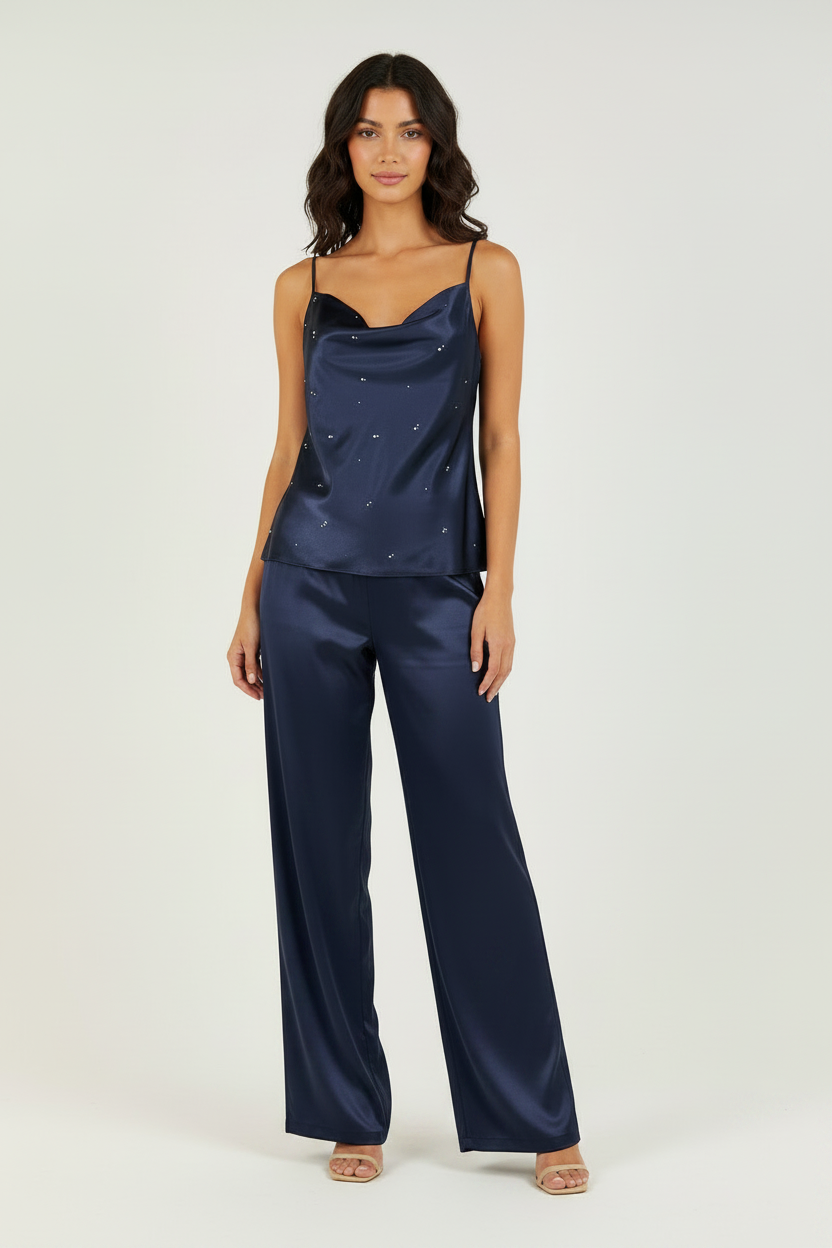 Navy Rhinestone Cami with Plain Trousers