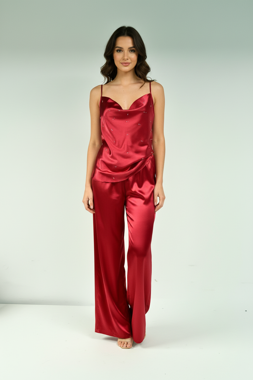Red Satin Cowl Neck Cami & Wide Leg Trousers – Model