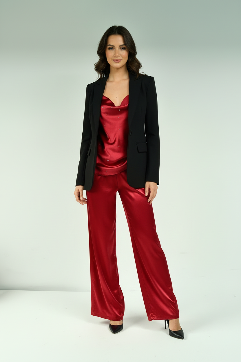 Red Satin Set with Black Blazer & Stilettos
